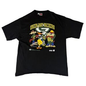 VTG Color Works Green Bay Packers T-Shirt Mens 2XL Black 1994 Looney Tunes